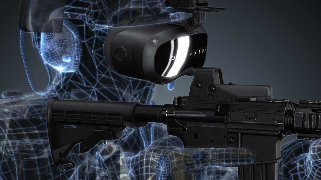 Digitally produced image of a military person with a blue wireframe overlay, to imply they are in simulation. They are wearing an Operator XR VR headset and holding a black rifle.