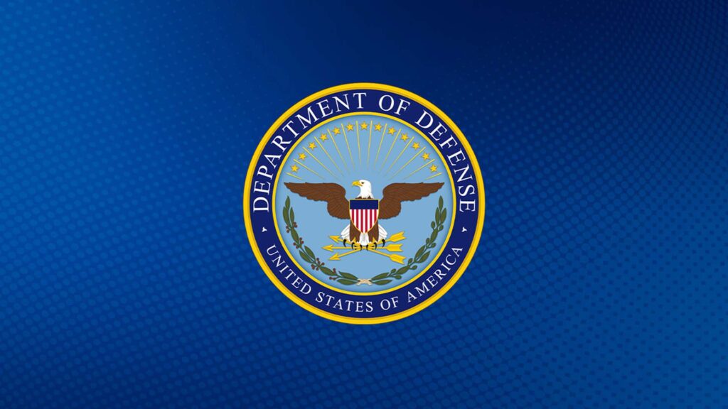 Image with blue background. Centred is the official badge for United States Department of Defense