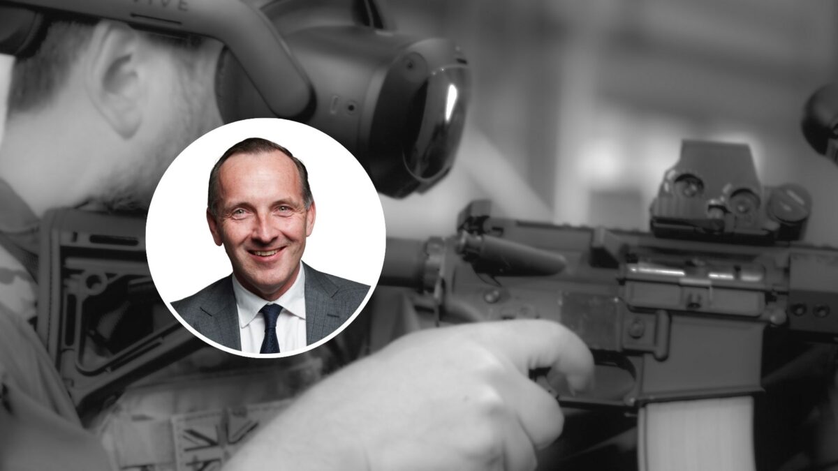 Photo of Charlie Aikten, Regal Partners, plus a black and white image of a soldier holding a rifle whilst wearing a VR headset performing a training scenario.