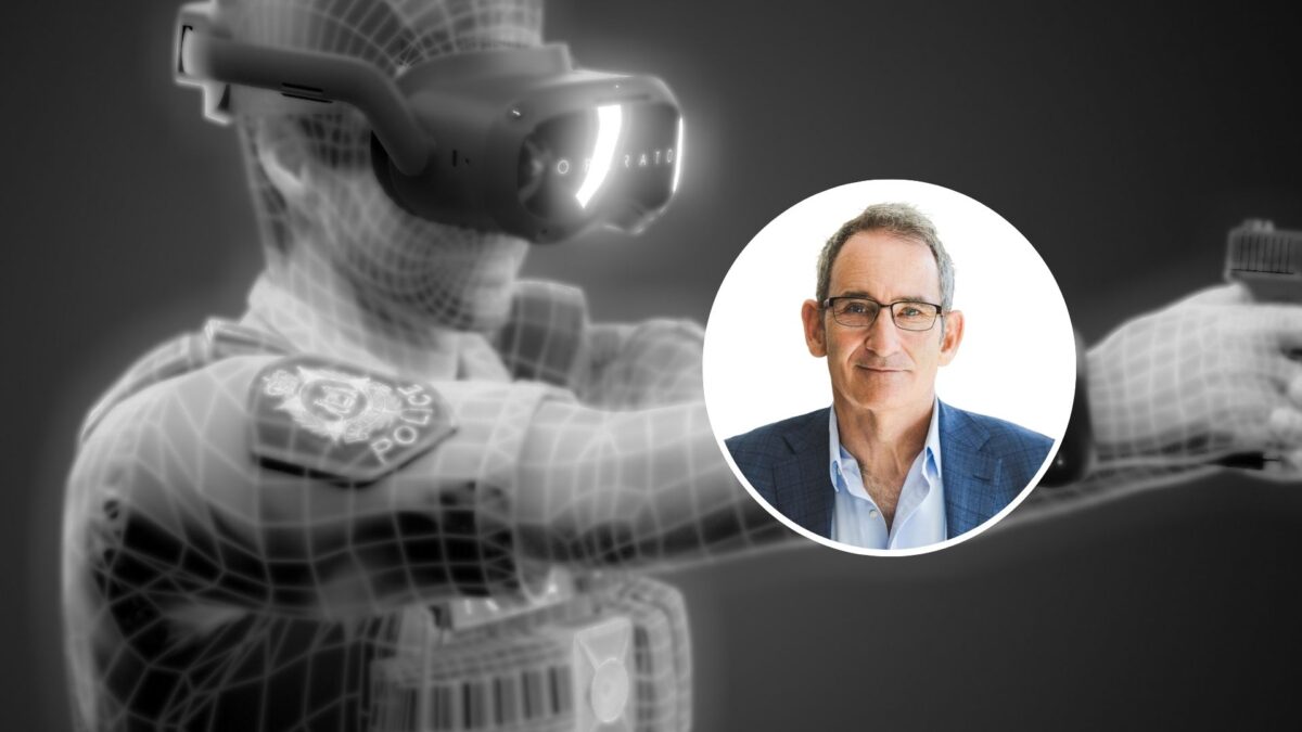 Photo of Steve Baxtor, on top of a black and white image of a police officer in a virtual reality training scenario.